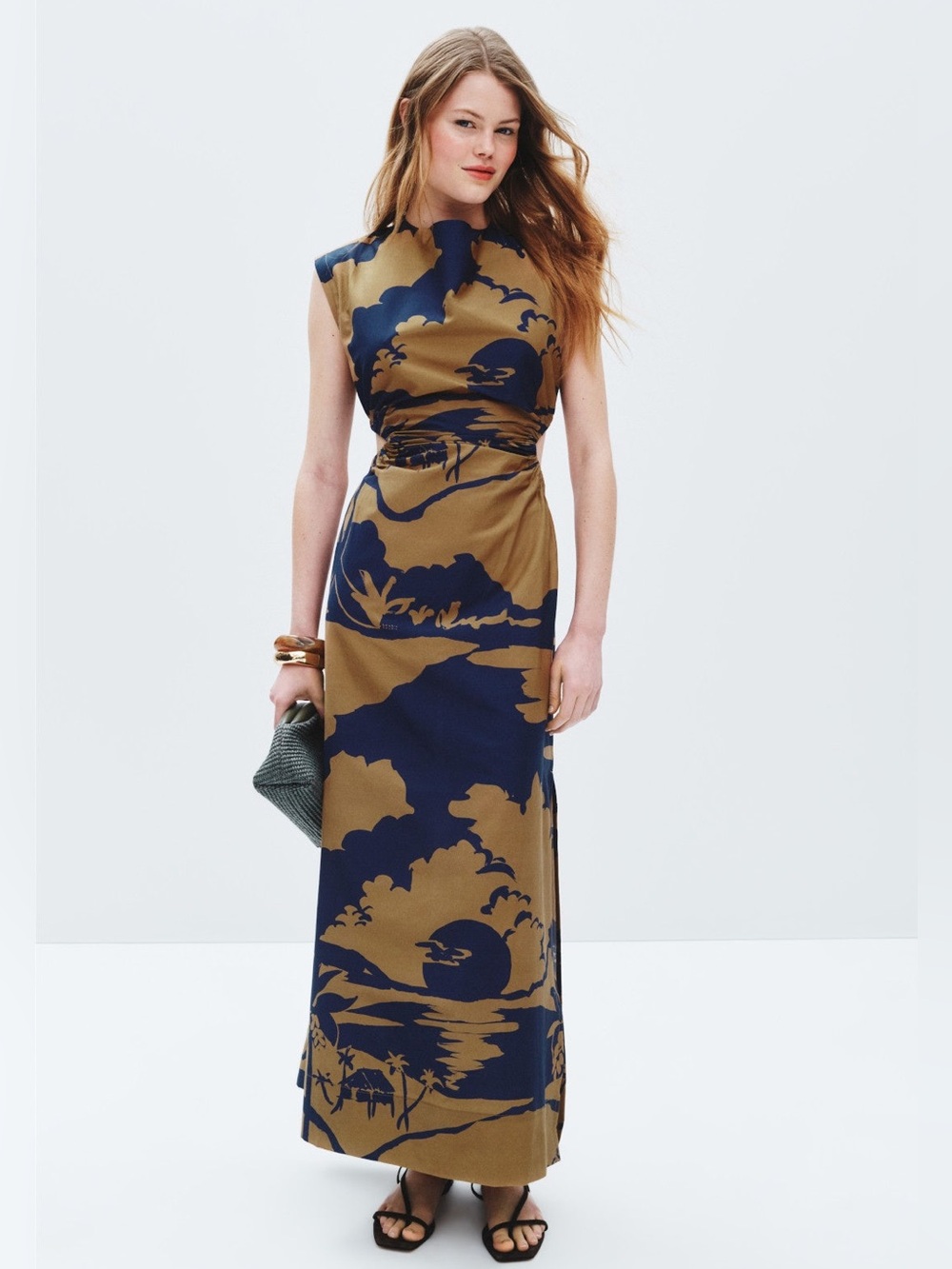 Sleeveless Navy and Olive Landscape Print Maxi Dress